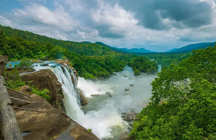 Wide view of Athirappilly falls and the Chalakudy river