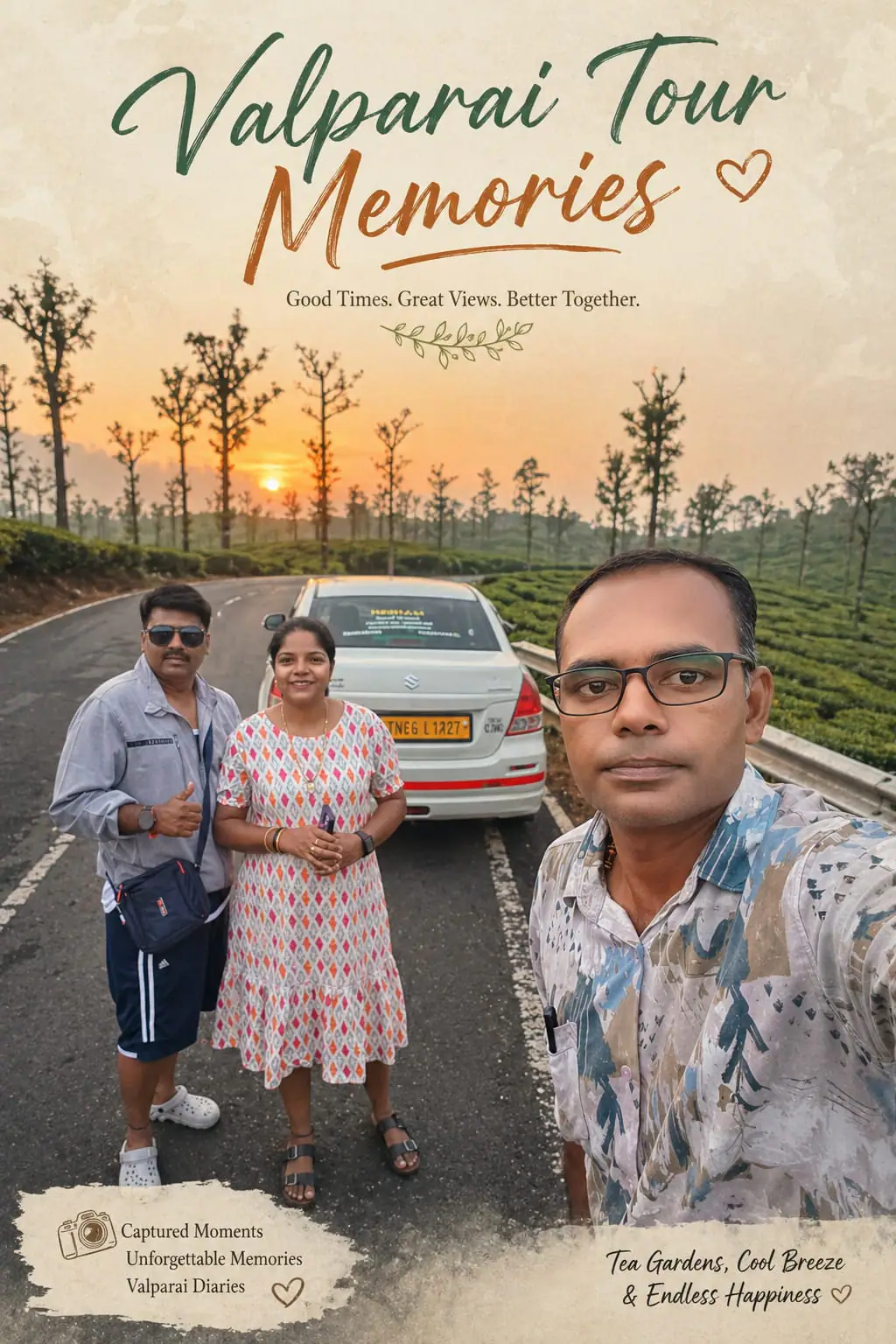 Guests at a tea estate at sunset