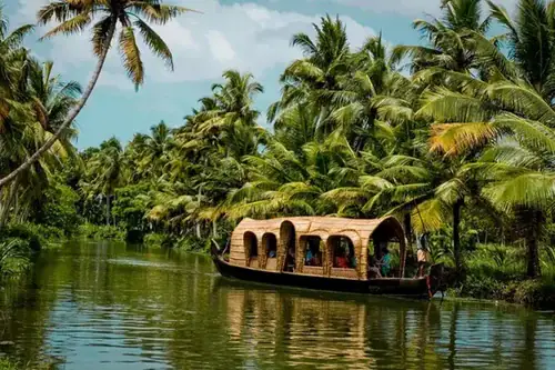Kerala houseboat beside coconut palms